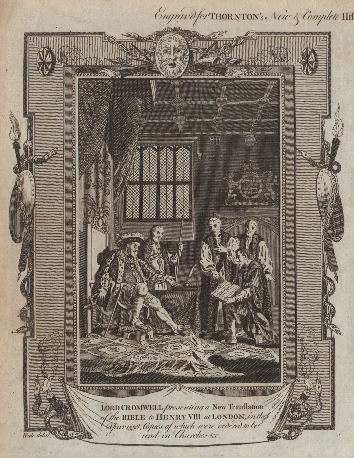 Thomas Cromwell presenting Myles Coverdale's Bible to Henry VIII in 1538. 1784